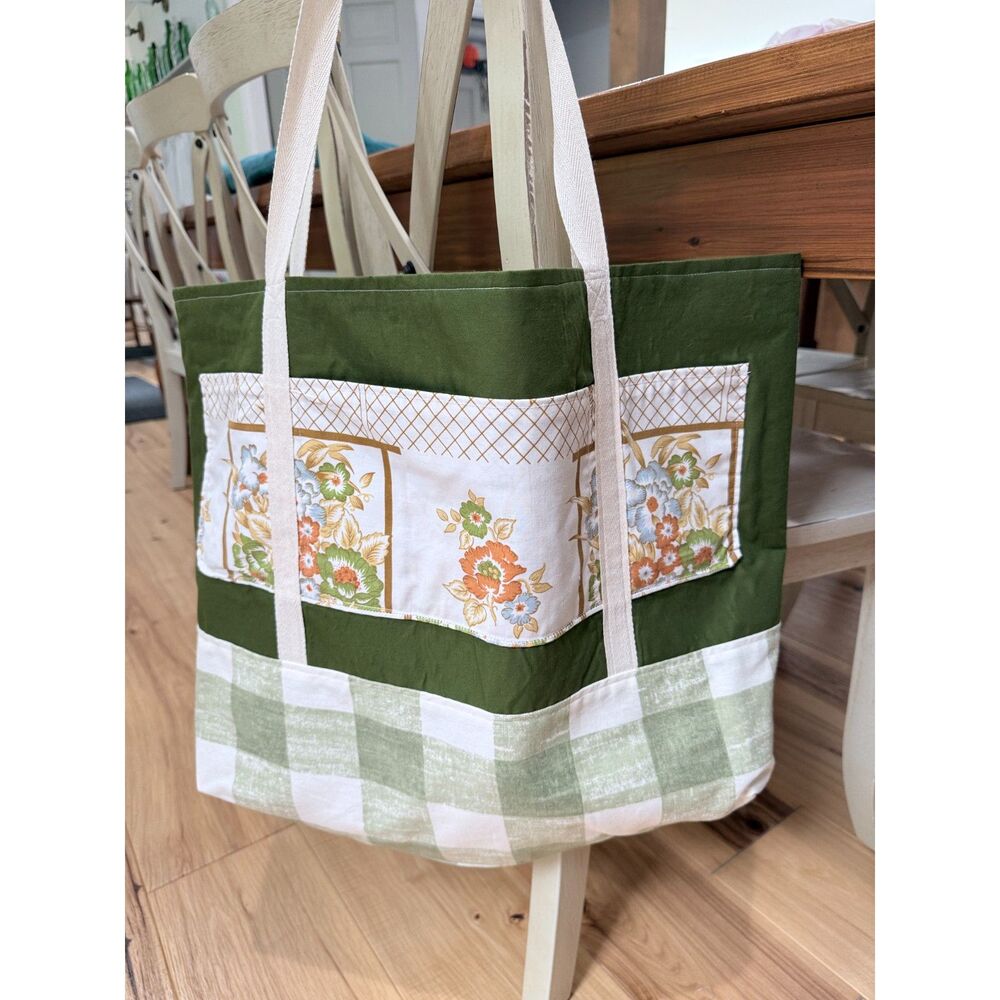 Handmade Upcycled Vintage Textile Tote Bag Sunbonnet Sue Floral Green